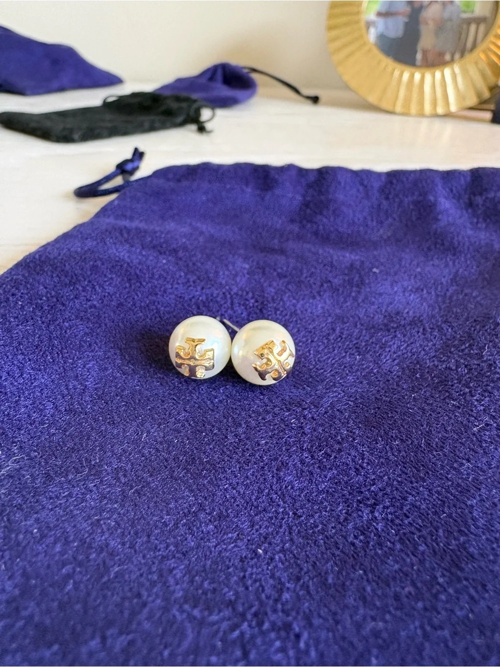 Tory Burch Ivory Pearl Logo Stud Earrings - Gold Accent